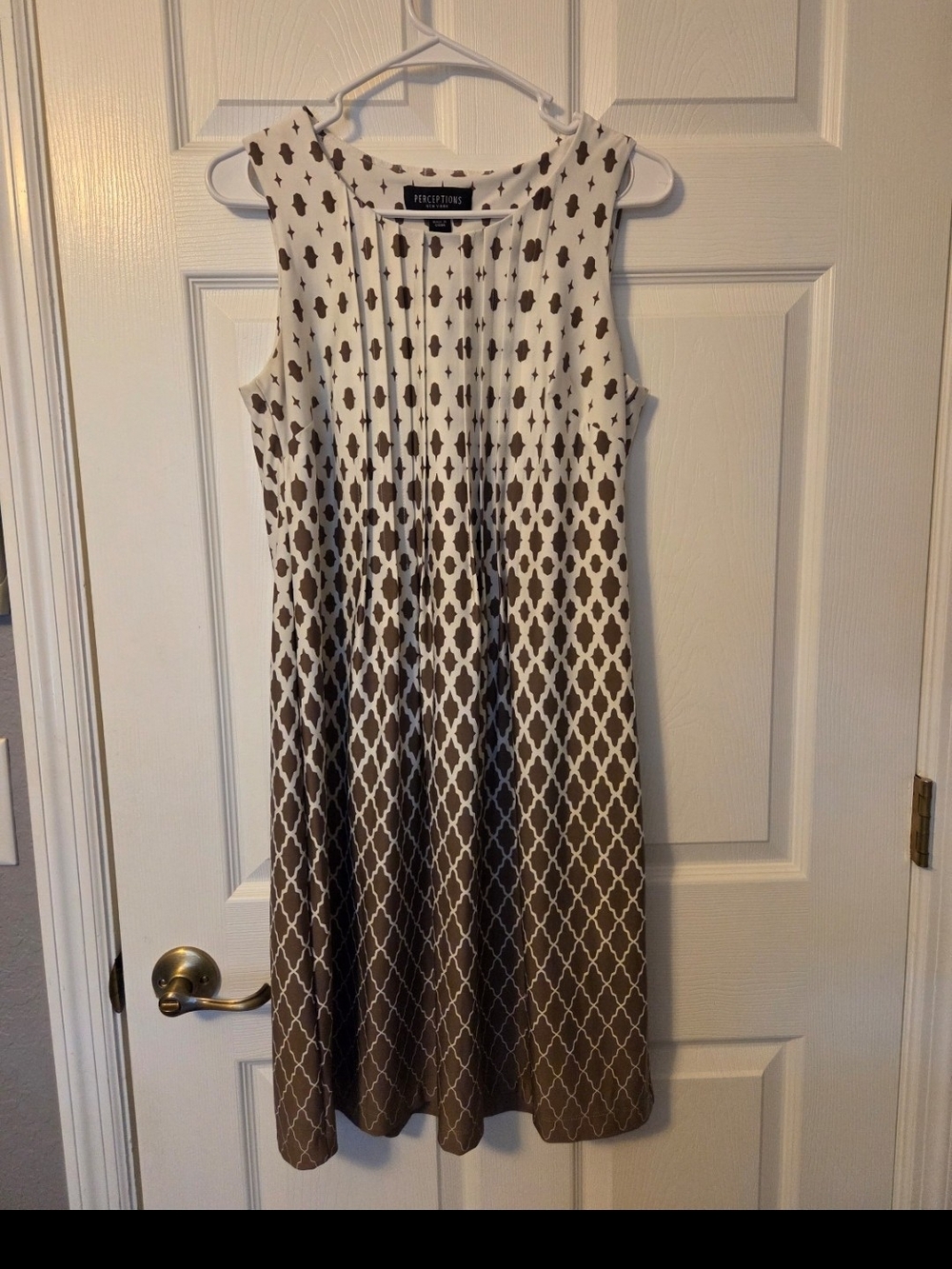 Perceptions Sleeveless White and Brown Geometric A-Line Dress